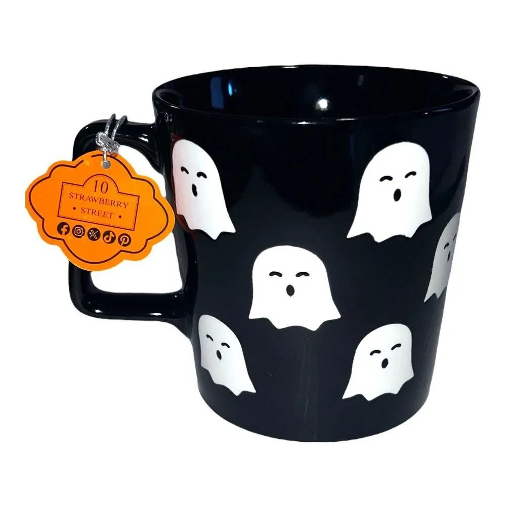 10 Strawberry Street Cute Halloween Ceramic Mug  Multiple Ghosts Black & White